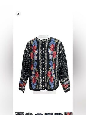 Icelandic Design Women’s Vintage Black Floral Cardigan Sweater. Size Medium